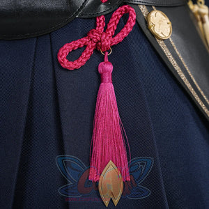 Evanescia cosplay decorative pink tassel with braided cord and gold leaf-shaped charm attached to navy hakama