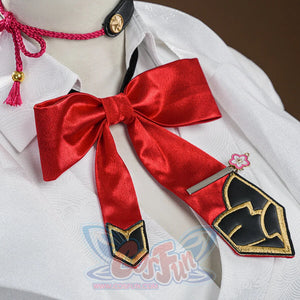 Evanescia cosplay red satin bow with gold-trimmed black tails, pink sakura charm, and pink braided choker on white collar.