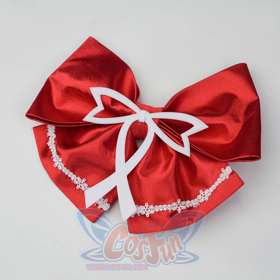 Evanescia cosplay large red satin bow hair ornament with a white sakura overlay at the center and white lace trim edges.