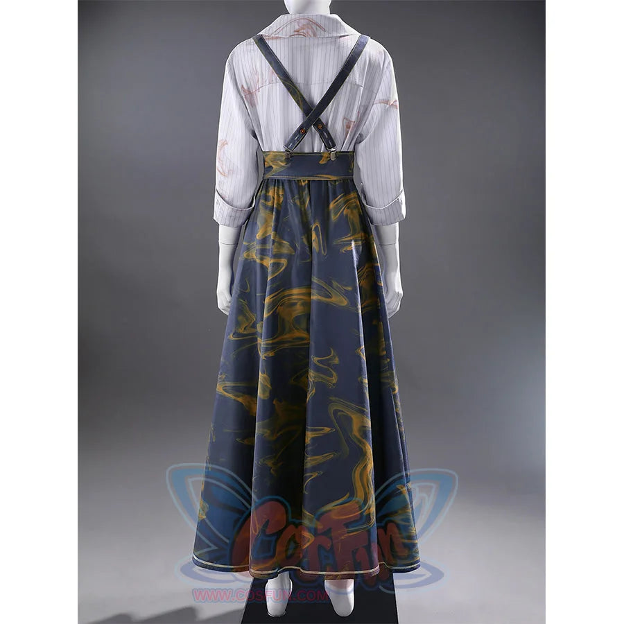 Full view of Clea Dessendre cosplay costume featuring a white striped shirt with button details and a blue suspender skirt adorned with golden bird patterns