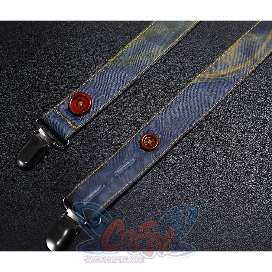 Suspender strap close-up of Clea Dessendre cosplay costume with golden stitching, brown buttons, and metal clips