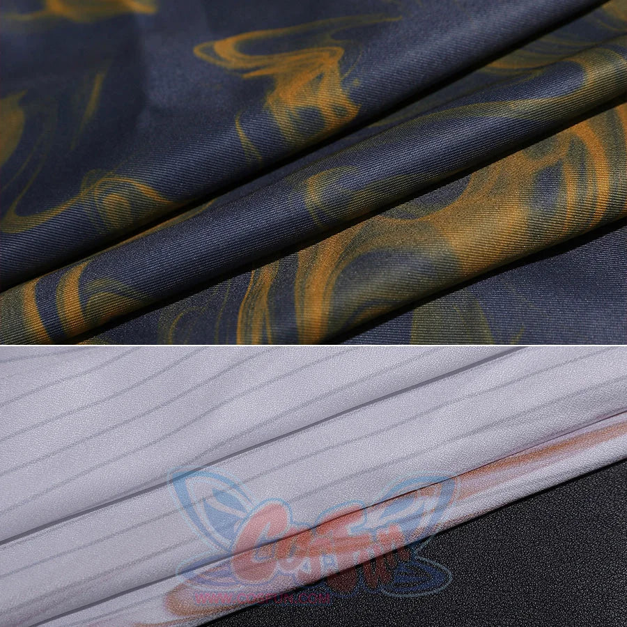 Fabric detail of Clea Dessendre cosplay costume showing blue material with golden bird patterns and white striped textile