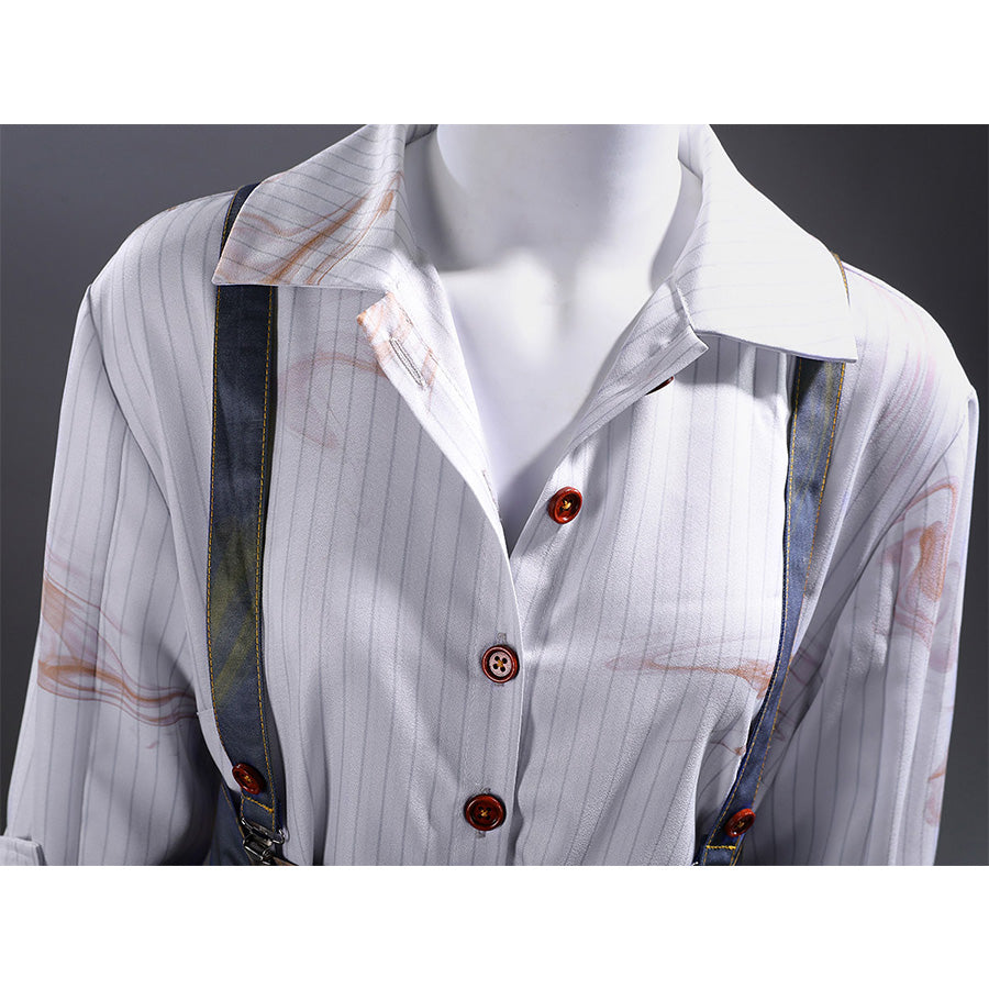 Close-up of Clea Dessendre cosplay costume white striped shirt with brown buttons and shoulder strap details