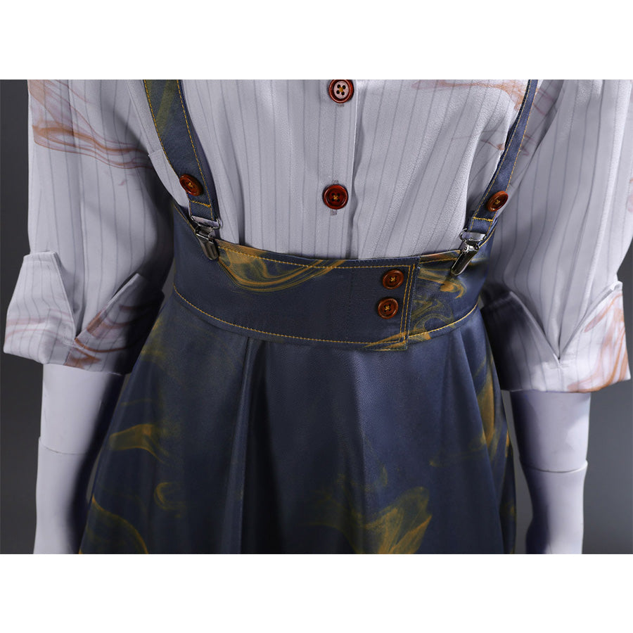 Waistband detail of Clea Dessendre cosplay costume showing button closures and suspender attachment