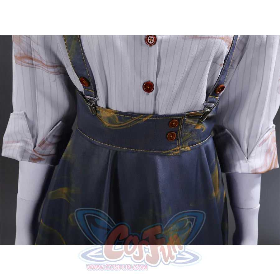 Waistband detail of Clea Dessendre cosplay costume showing button closures and suspender attachment