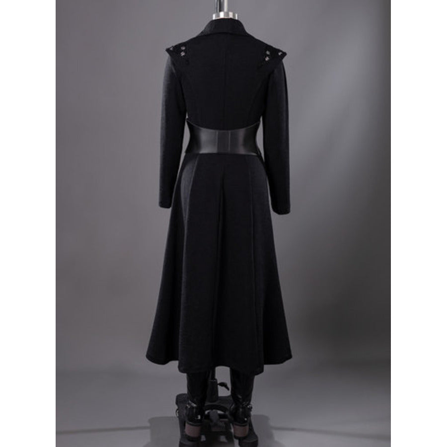 Rhaenyra cosplay black trench coat back view balances silver shoulder embellishments and a strapped waist cincher.