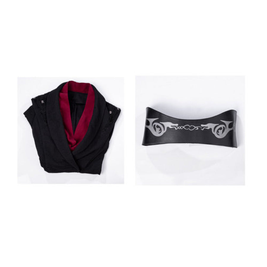 Rhaenyra cosplay sleeveless black jacket frames a red collar above an ornate silver-motif band.