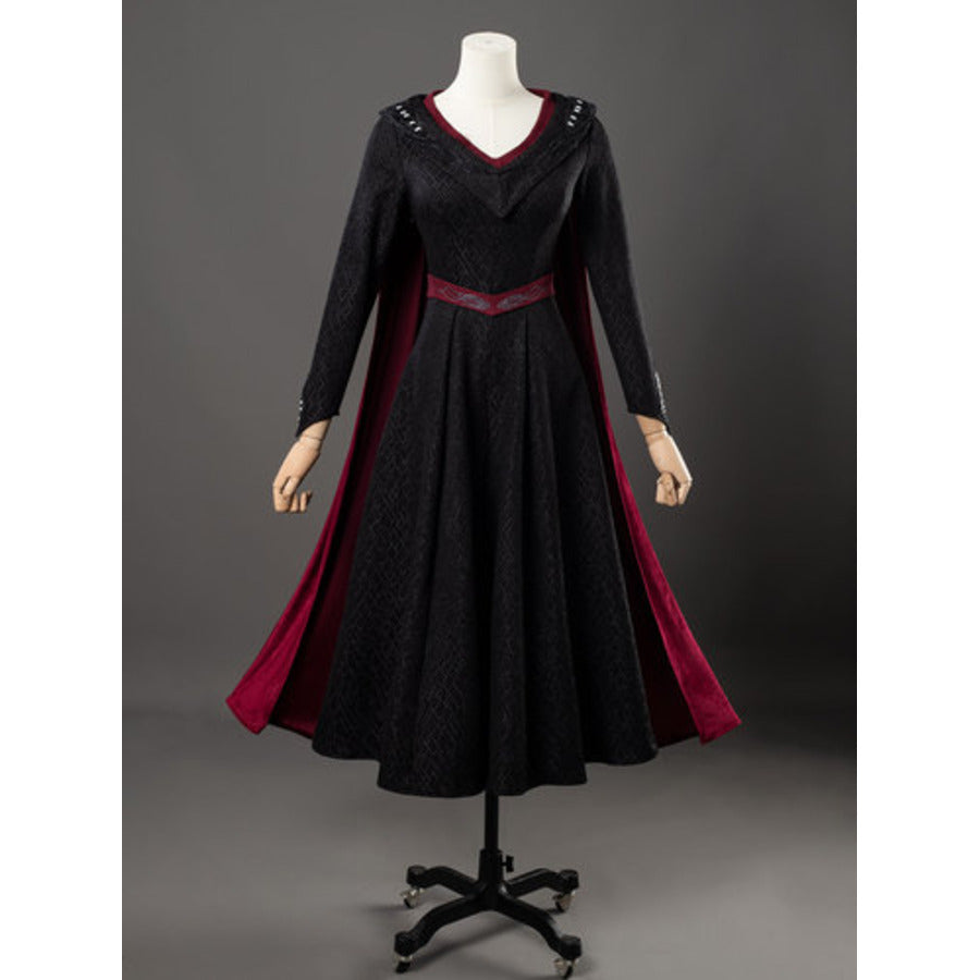 Rhaenyra cosplay black textured dress traces dark red accents at the collar and a full-length attached cape.