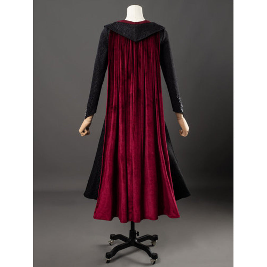 Rhaenyra Targaryen cosplay red velvet pleated hooded cape sets over a black patterned long-sleeve tunic dress.