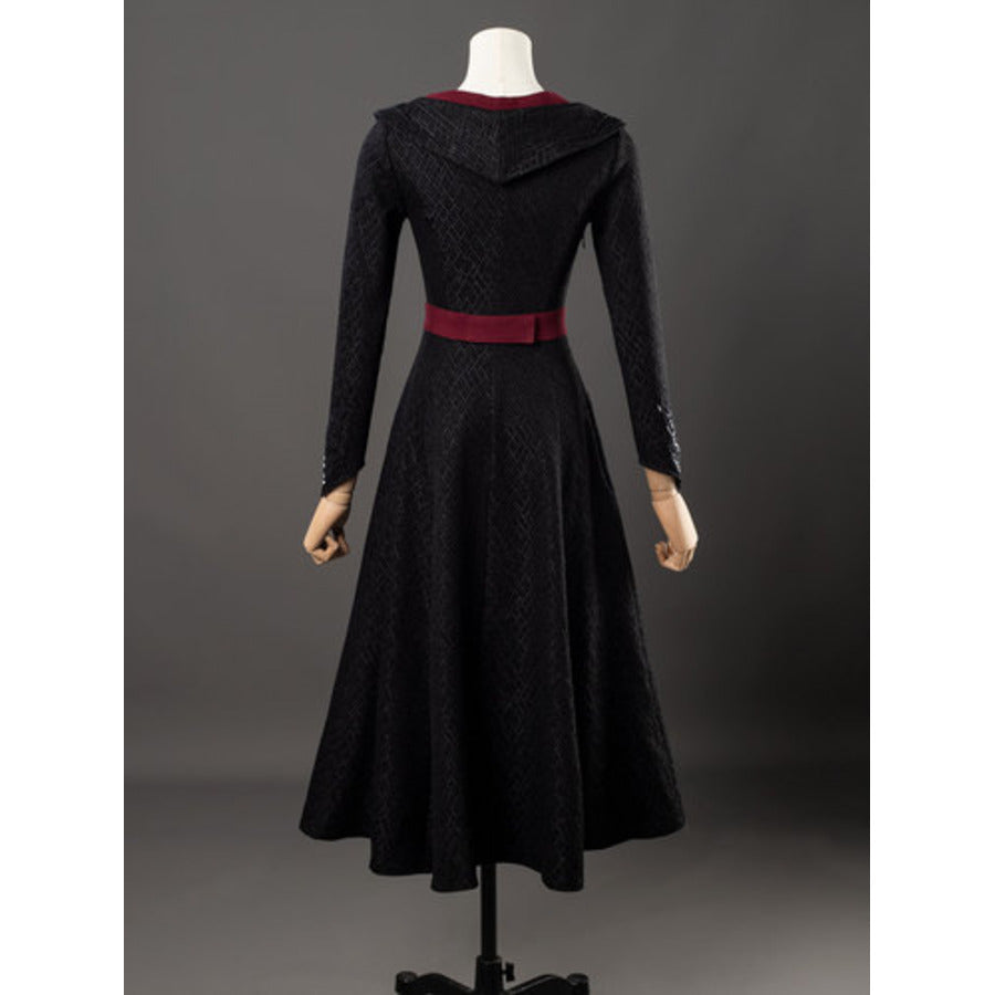 Rhaenyra Targaryen cosplay black high-low gown back view pairs a red-trimmed pointed hood and red waist sash.