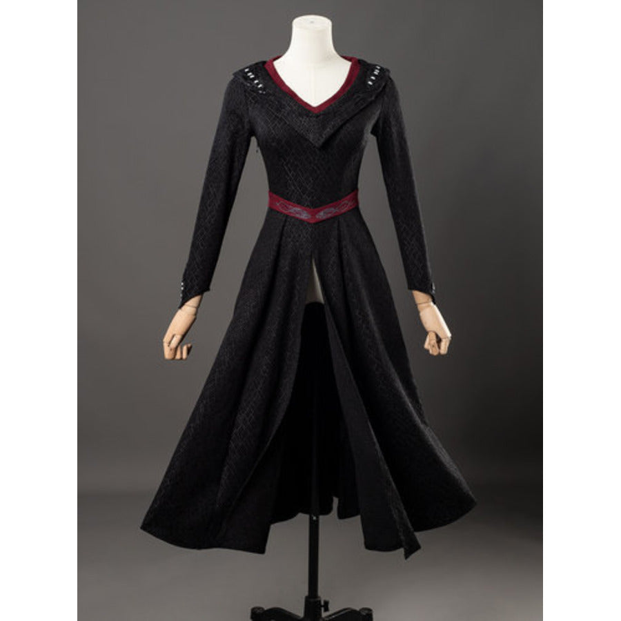 Rhaenyra Targaryen cosplay black textured robe centers a deep V-neck and a patterned red waistband over a front-slit skirt.