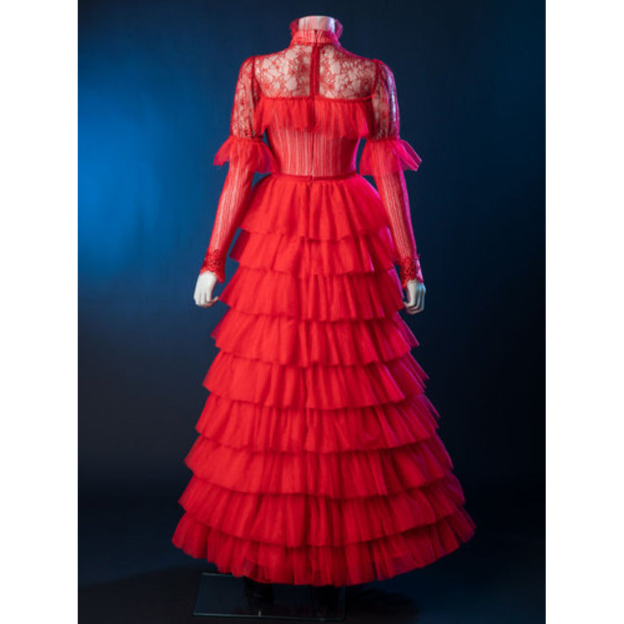 Lydia Deetz cosplay red gown layers tiered ruffles from a high collar down to a floor-length hem.