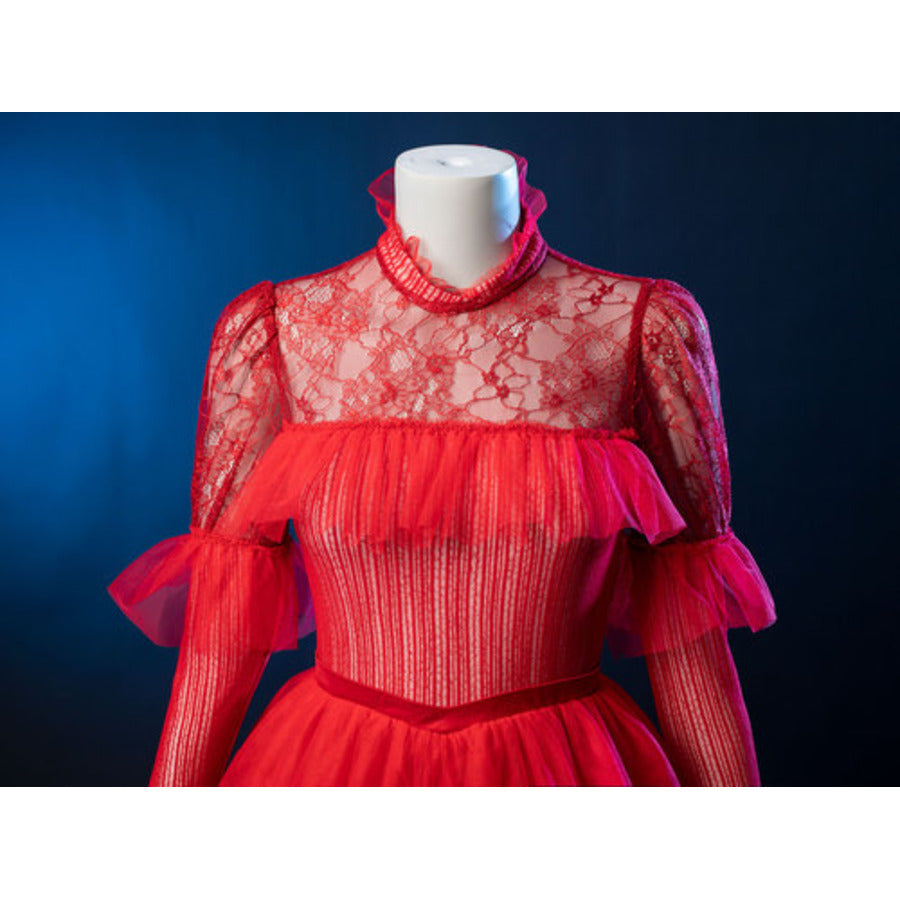 Lydia Deetz cosplay red dress anchors a high lace neckline above a pleated front panel and tiered ruffle sleeves.