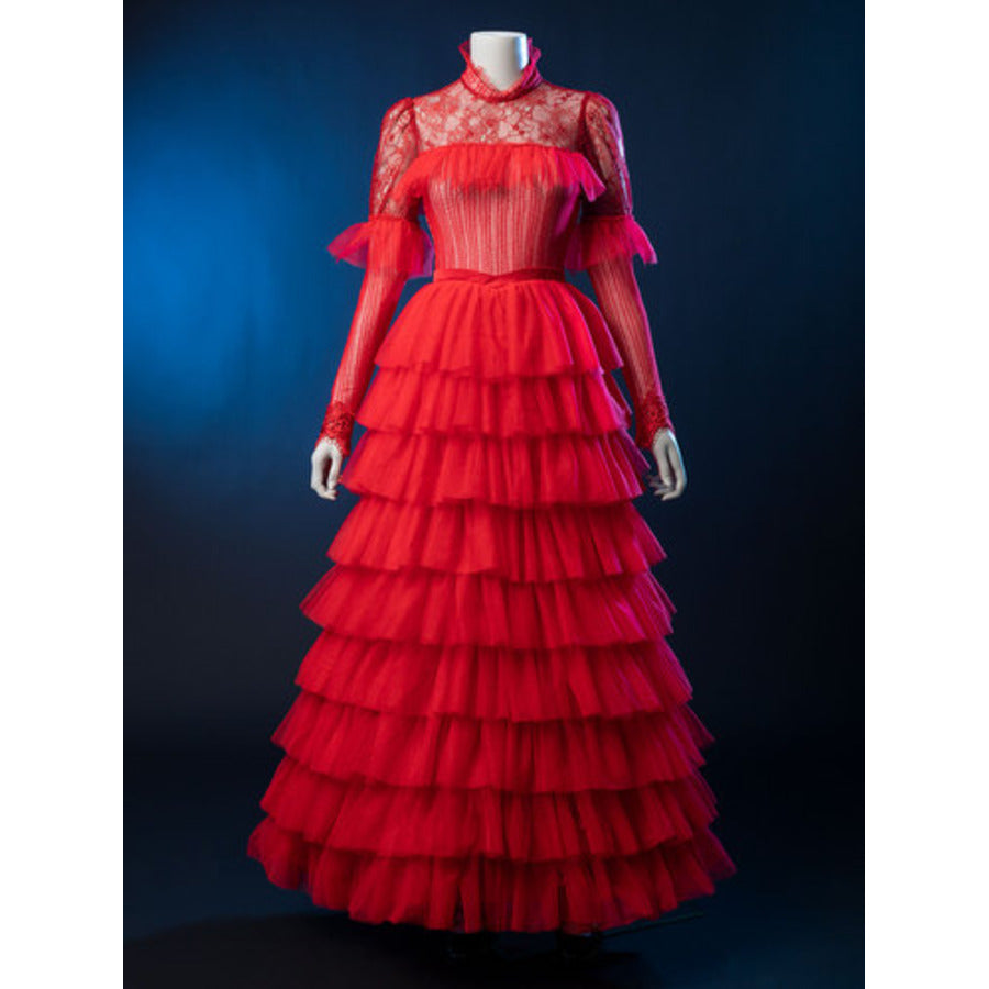 Lydia Deetz cosplay red high-neck long-sleeve gown balances a structured bodice over a tiered tulle skirt.
