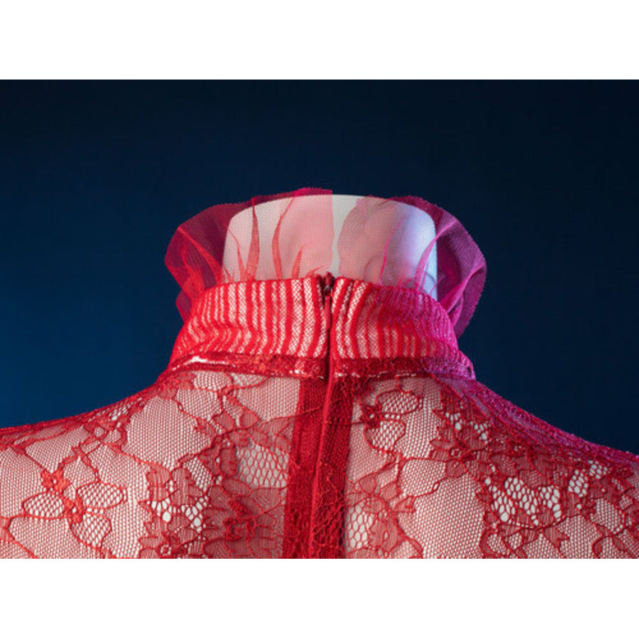Lydia Deetz cosplay red floral lace bodice detail traces a textured mandarin collar above sheer tulle ruffle trim.
