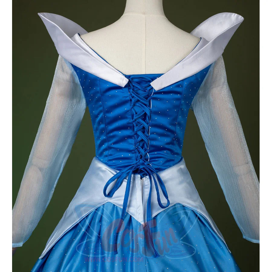 Fairy Tale Aurora Princess Cosplay Costume Sparkling Blue Gown with strap design on the back