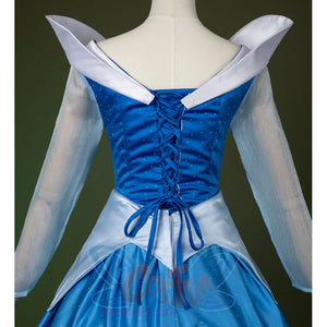 Fairy Tale Aurora Princess Cosplay Costume Sparkling Blue Gown with strap design on the back