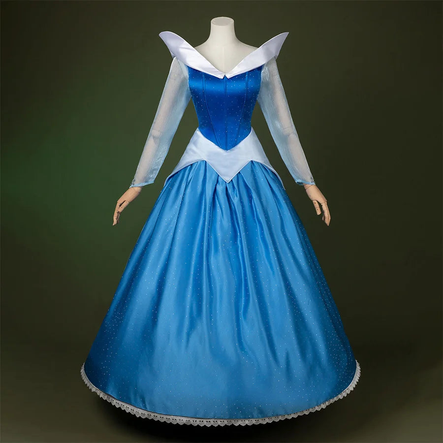 Fairy Tale Aurora Princess Cosplay Costume Sparkling Blue Gown,  blue and white dress with diamonds, front view