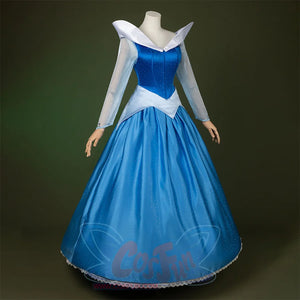 Fairy Tale Aurora Princess Cosplay Costume Sparkling Blue Gown, blue and white dress, left side view