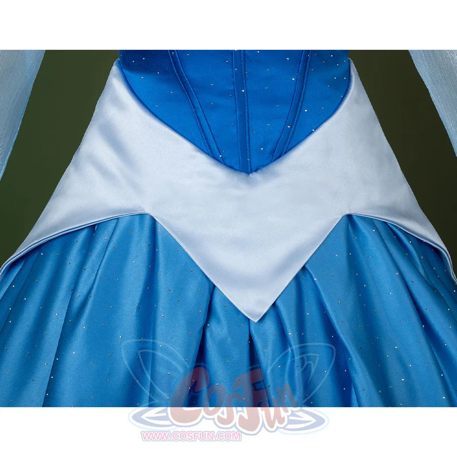 Fairy Tale Aurora Princess Cosplay Costume Sparkling Blue Gown,  the white waist is cut in the shape of petals