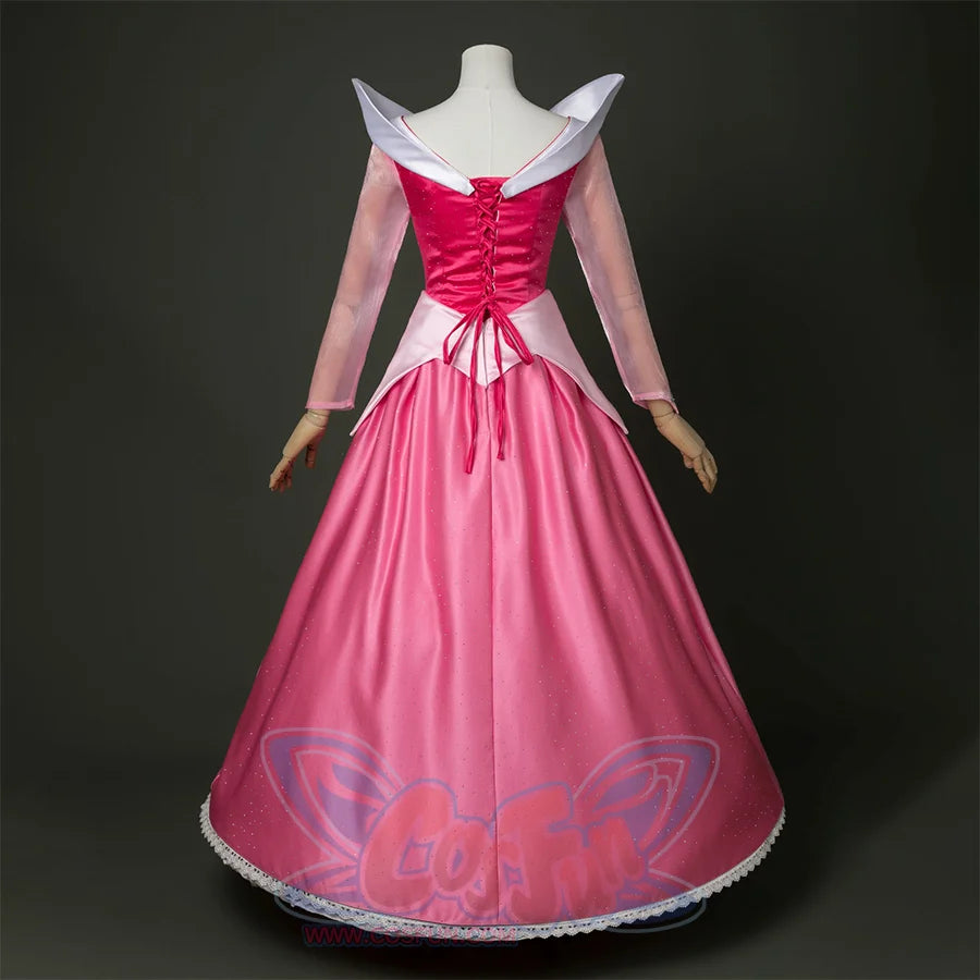 Fairy Tale Aurora Princess Cosplay Costume Sparkling Pink Gown,  pink and white dress with strap design, back view
