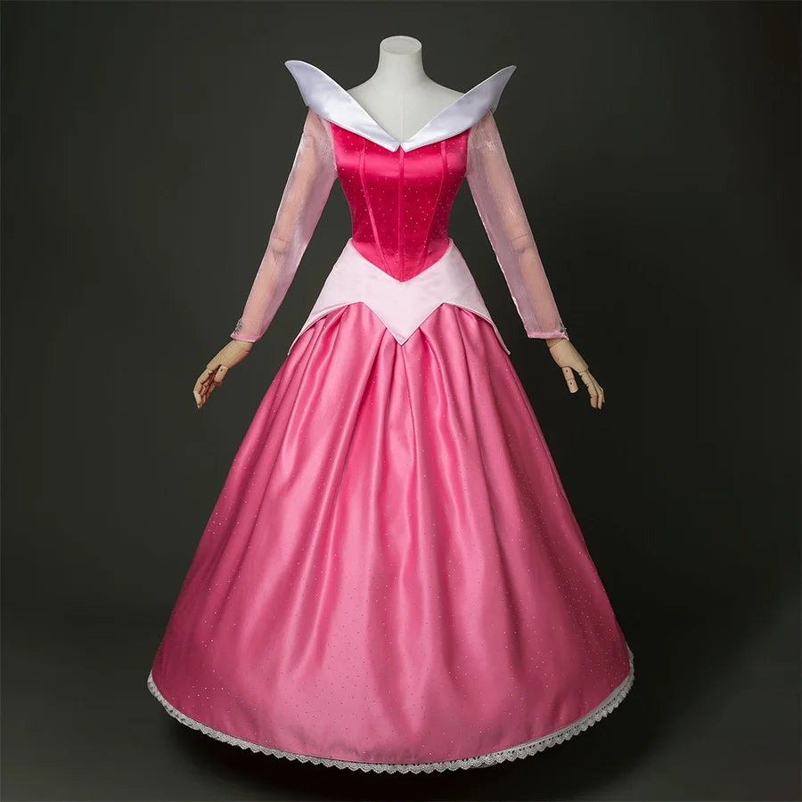 Fairy Tale Aurora Princess Cosplay Costume Sparkling Pink Gown,  pink and white dress with diamonds, front view