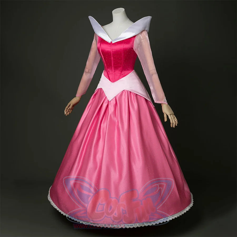 Fairy Tale Aurora Princess Cosplay Costume Sparkling Pink Gown,  pink and white dress with diamonds, front view