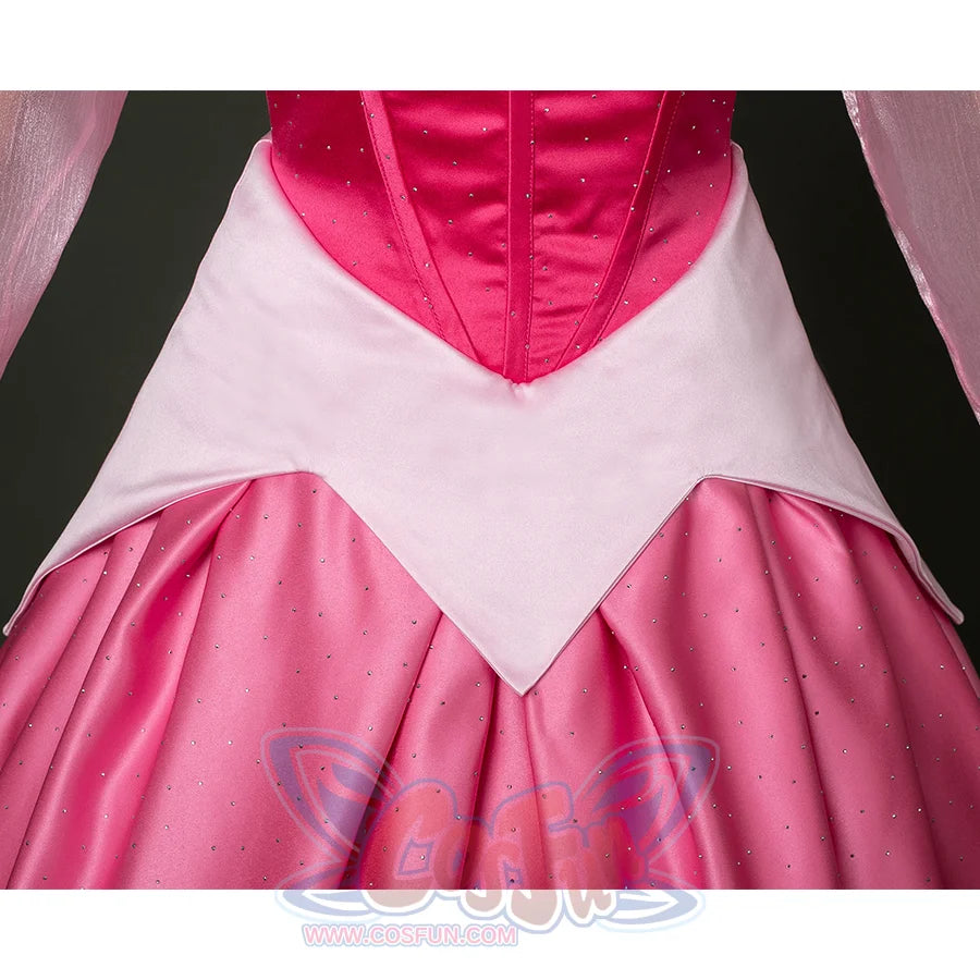 Fairy Tale Aurora Princess Cosplay Costume Sparkling Pink Gown,  the white waist is cut in the shape of petals