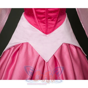 Fairy Tale Aurora Princess Cosplay Costume Sparkling Pink Gown,  the white waist is cut in the shape of petals