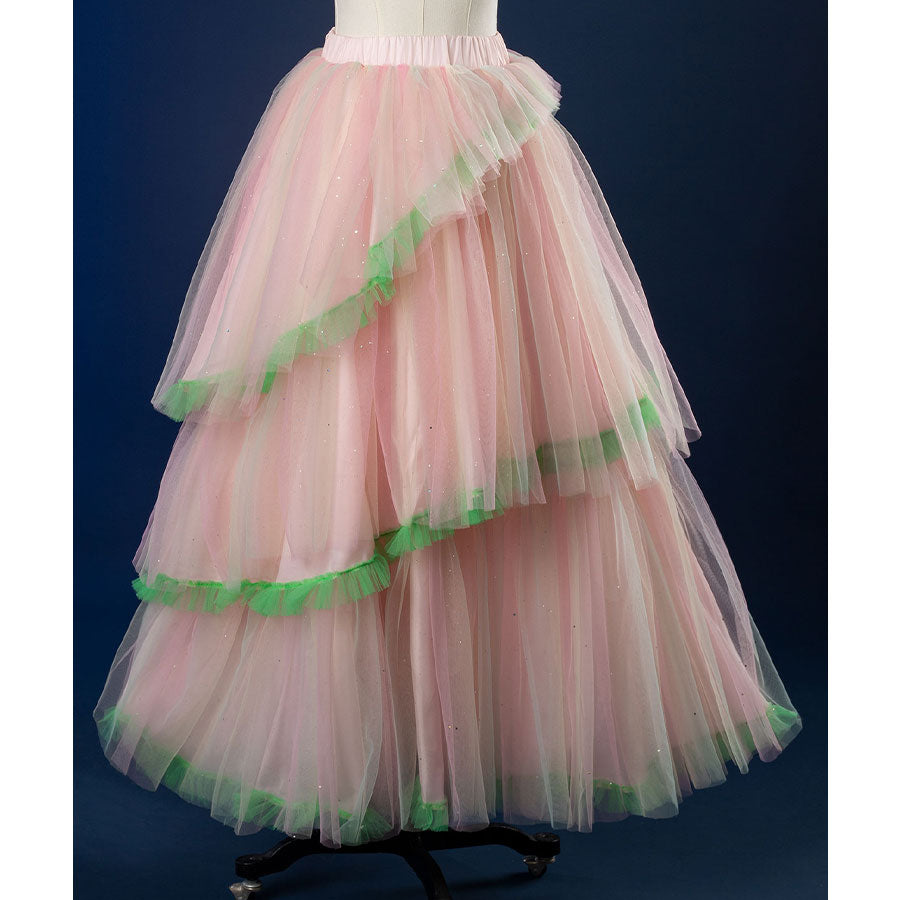 Front view: Glinda Cosplay Costume dreamy layered tulle puff skirt with mint green hem trim.