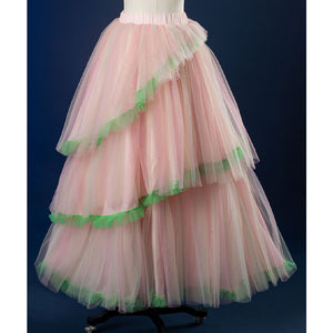 Front view: Glinda Cosplay Costume dreamy layered tulle puff skirt with mint green hem trim.