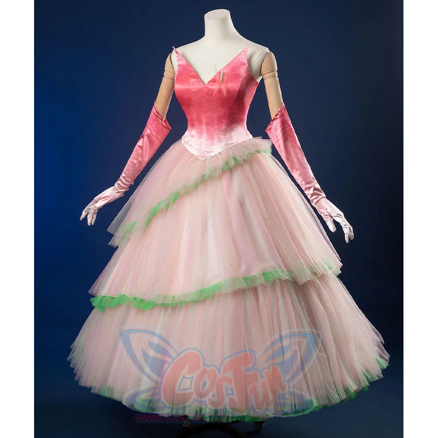 Front view: Glinda Cosplay Costume with sleeveless pink ombre top, layered tulle puff skirt with mint green hem trim, and long pink ombre gloves.