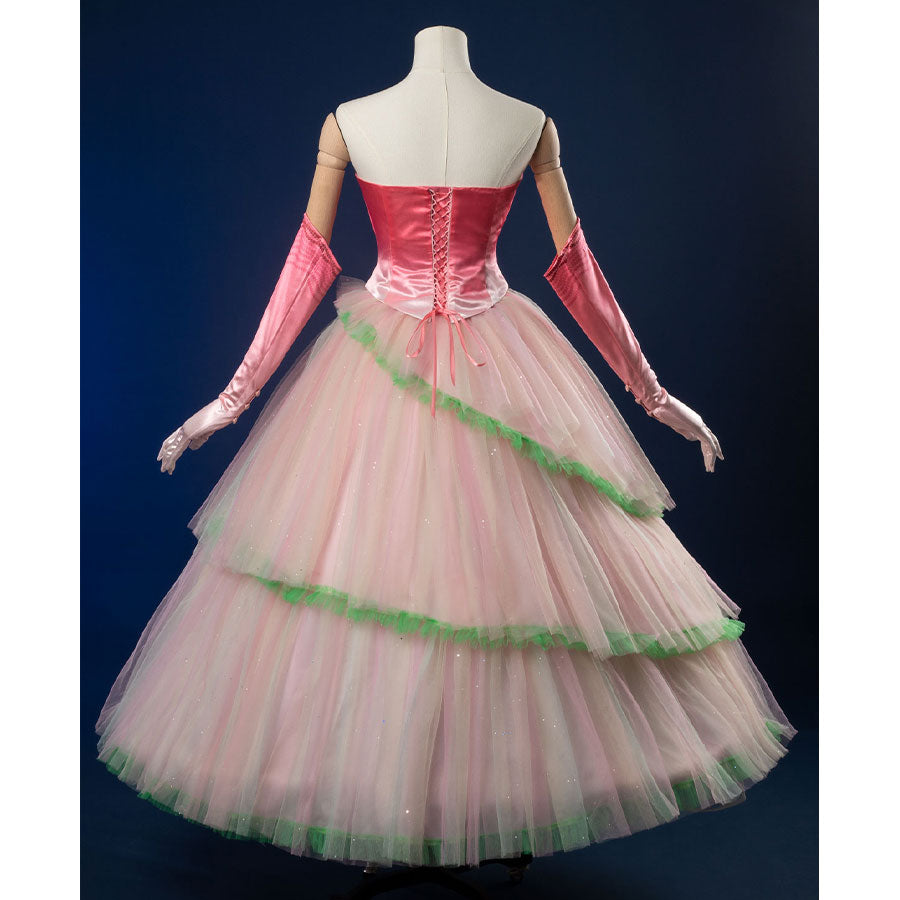 Back view: Glinda Cosplay Costume with sleeveless pink ombre top with tie-back, layered tulle puff skirt with mint green hem trim, and long pink ombre gloves.