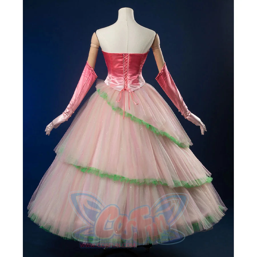 Back view: Glinda Cosplay Costume with sleeveless pink ombre top with tie-back, layered tulle puff skirt with mint green hem trim, and long pink ombre gloves.