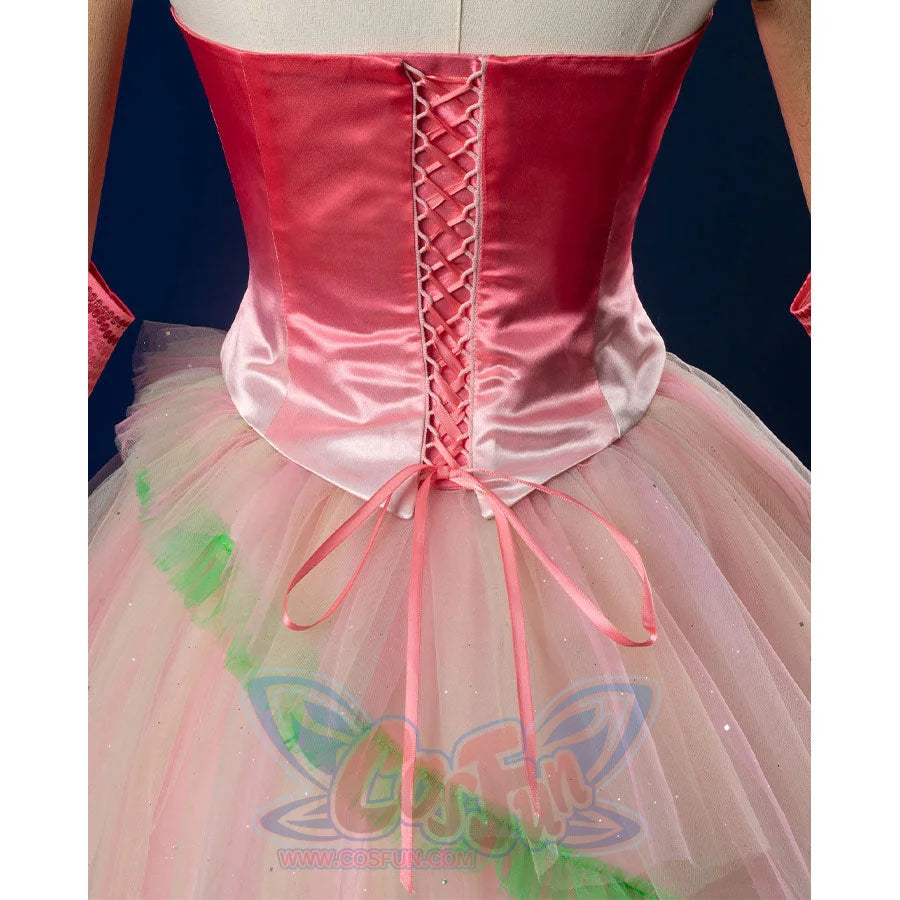 Back view: Glinda Cosplay Costume sleeveless pink ombre top with tie-back.