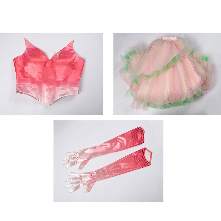 Full set display: Glinda Cosplay Costume set with pink ombre sleeveless top, layered tulle puff skirt with mint green hem trim, and long pink ombre gloves.