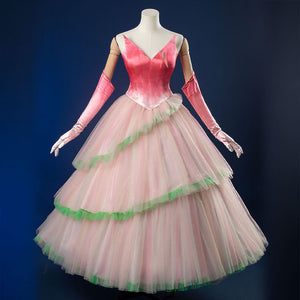 Front view: Glinda Cosplay Costume with sleeveless pink ombre top, layered tulle puff skirt with mint green hem trim, and long pink ombre gloves.
