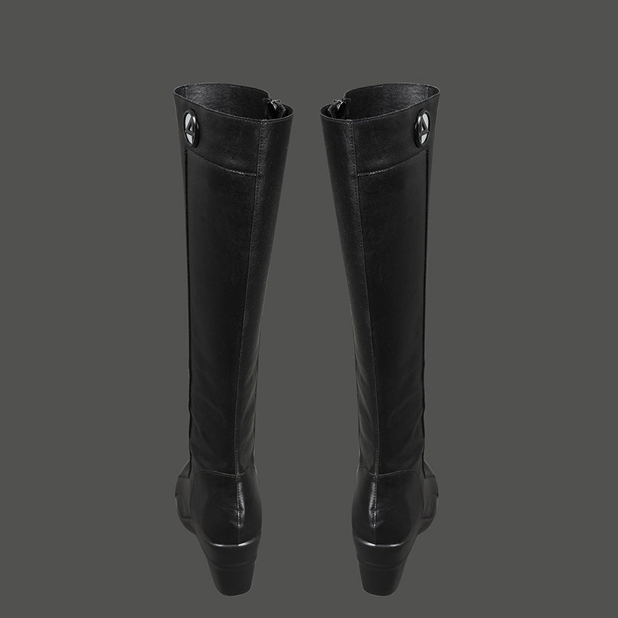 Sue Storm cosplay shoes back view featuring black boots with silver zipper and hardware detailing