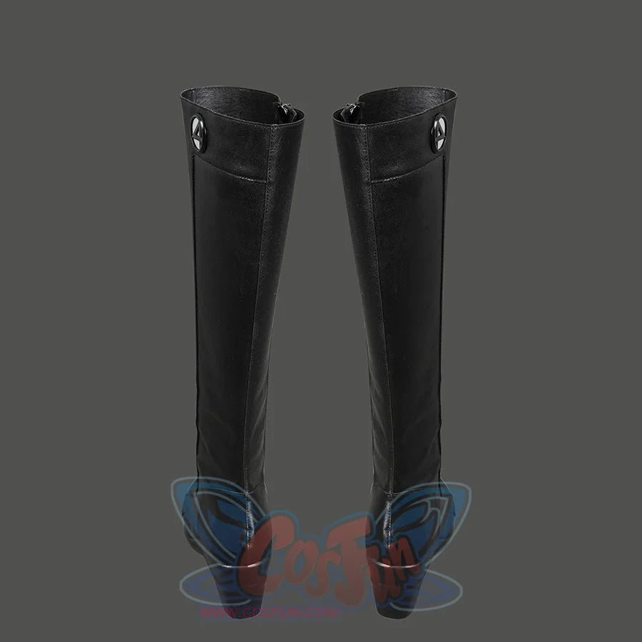 Sue Storm cosplay shoes back view featuring black boots with silver zipper and hardware detailing