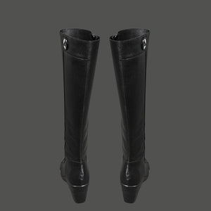 Sue Storm cosplay shoes back view featuring black boots with silver zipper and hardware detailing