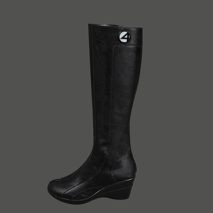 Sue Storm cosplay shoes side profile with Fantastic Four logo medallion on black knee-high boot