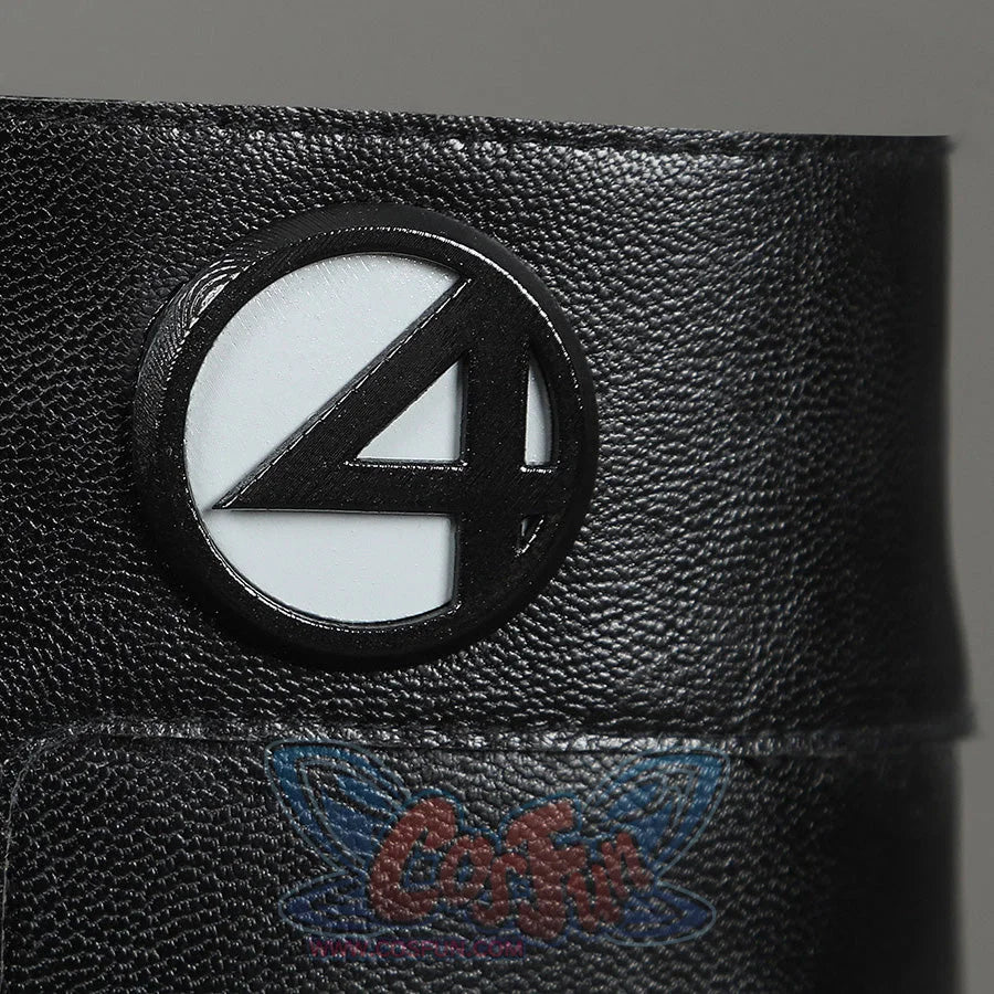 Sue Storm cosplay shoes detail close-up of Fantastic Four logo medallion with textured boot surface