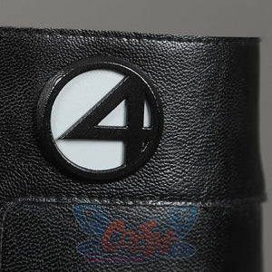 Sue Storm cosplay shoes detail close-up of Fantastic Four logo medallion with textured boot surface