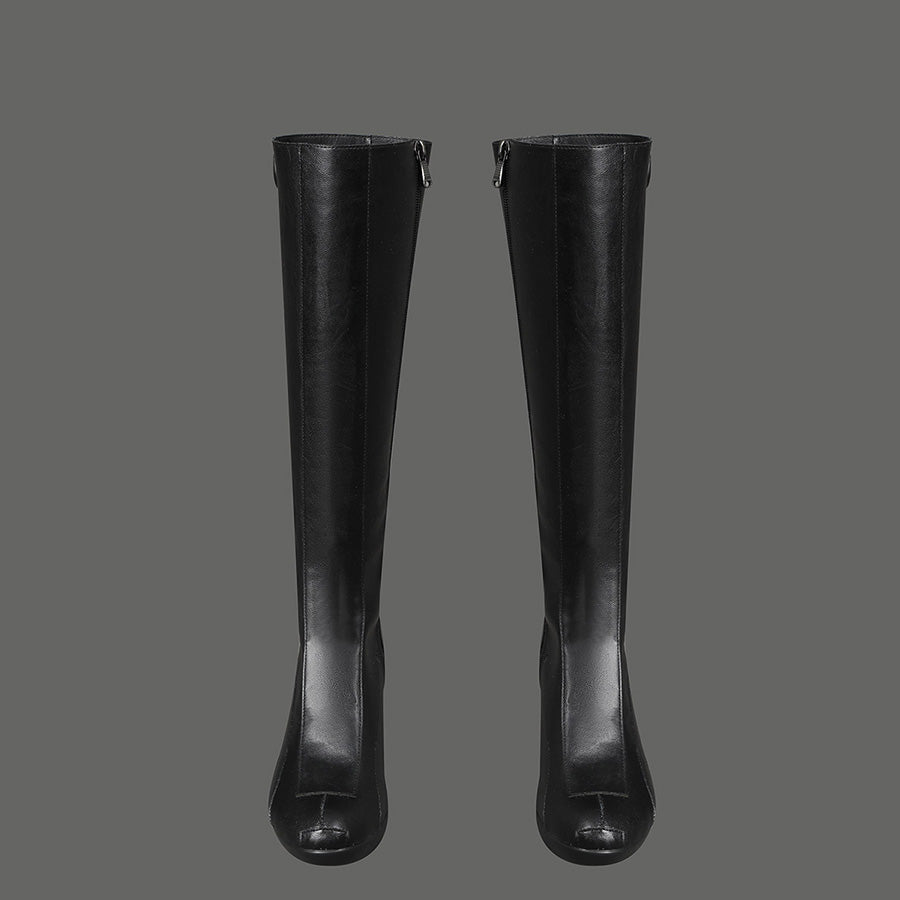 Sue Storm cosplay shoes front view showing black knee-high boots with zipper and textured PU leather