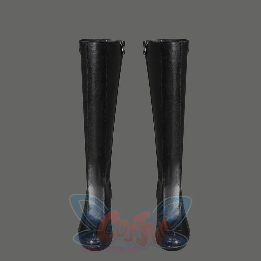 Sue Storm cosplay shoes front view showing black knee-high boots with zipper and textured PU leather