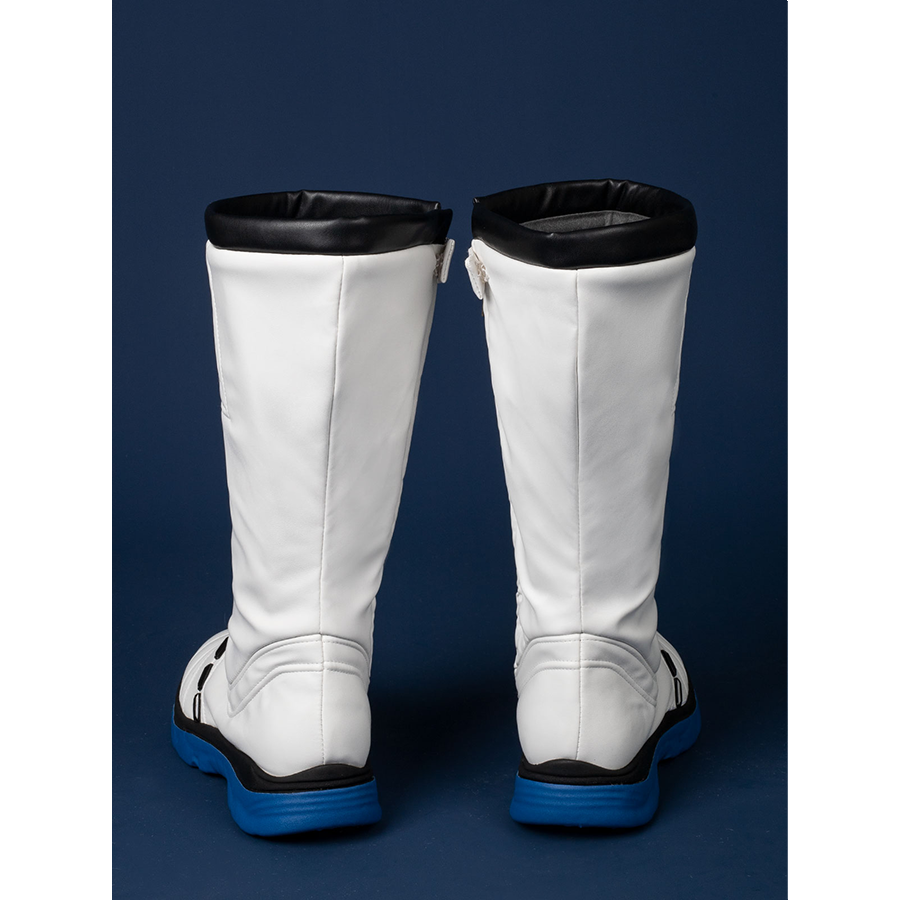 The back view of the cosplay boots, showcasing the white upper, black top edge, and blue sole from behind.