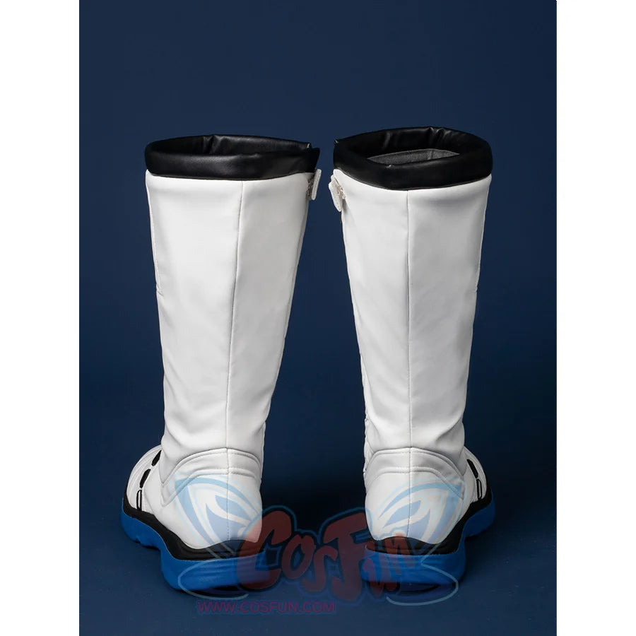 The back view of the cosplay boots, showcasing the white upper, black top edge, and blue sole from behind.