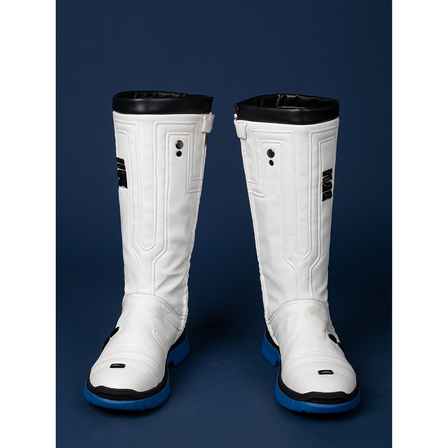 A front view of the cosplay boots, highlighting the white upper, black details, and blue sole.