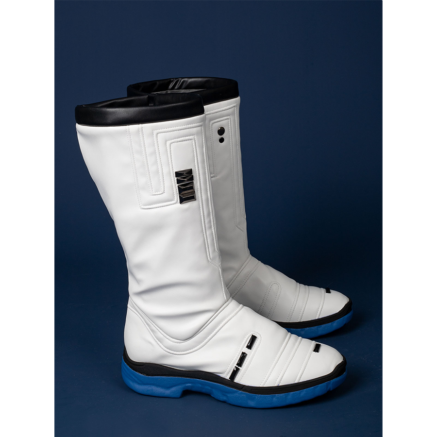 This is the side view of the cosplay boots, showing the white color, black decorations, and blue soles.