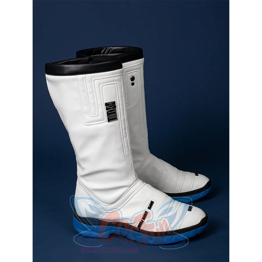 This is the side view of the cosplay boots, showing the white color, black decorations, and blue soles.